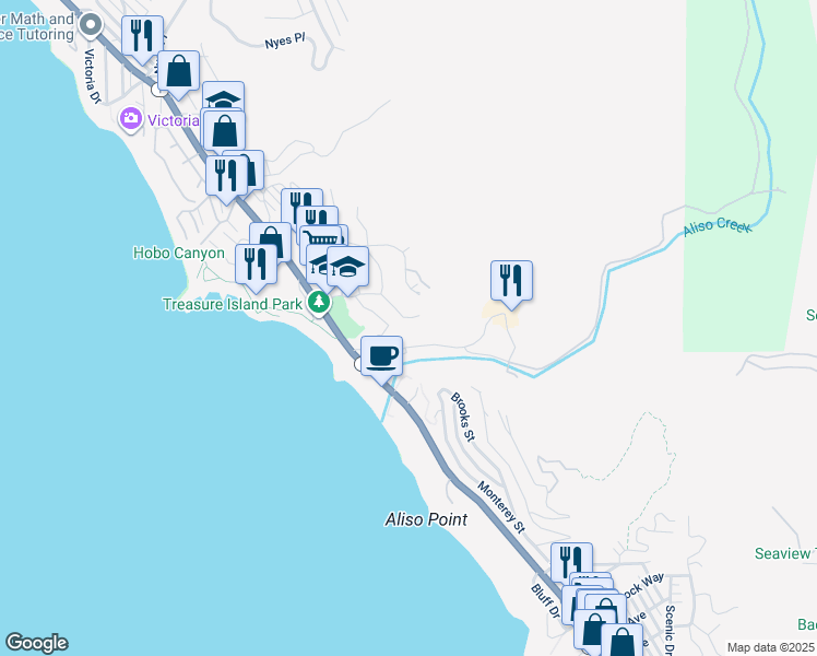 map of restaurants, bars, coffee shops, grocery stores, and more near 21744 Wesley Drive in Laguna Beach