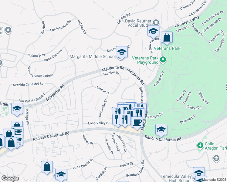 map of restaurants, bars, coffee shops, grocery stores, and more near 30485 Anaconda Court in Temecula