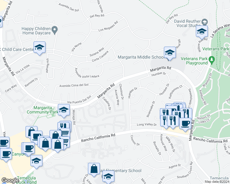 map of restaurants, bars, coffee shops, grocery stores, and more near 42033 Acacia Way in Temecula