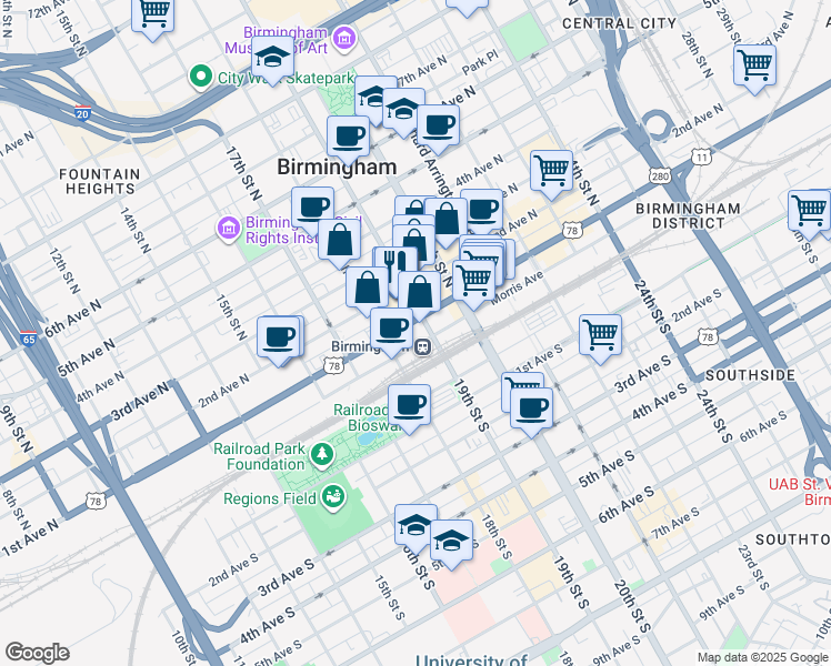 map of restaurants, bars, coffee shops, grocery stores, and more near 1809 1st Avenue North in Birmingham
