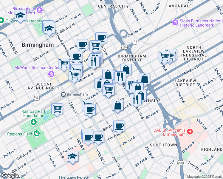 map of restaurants, bars, coffee shops, grocery stores, and more near 2300 2nd Avenue North in Birmingham