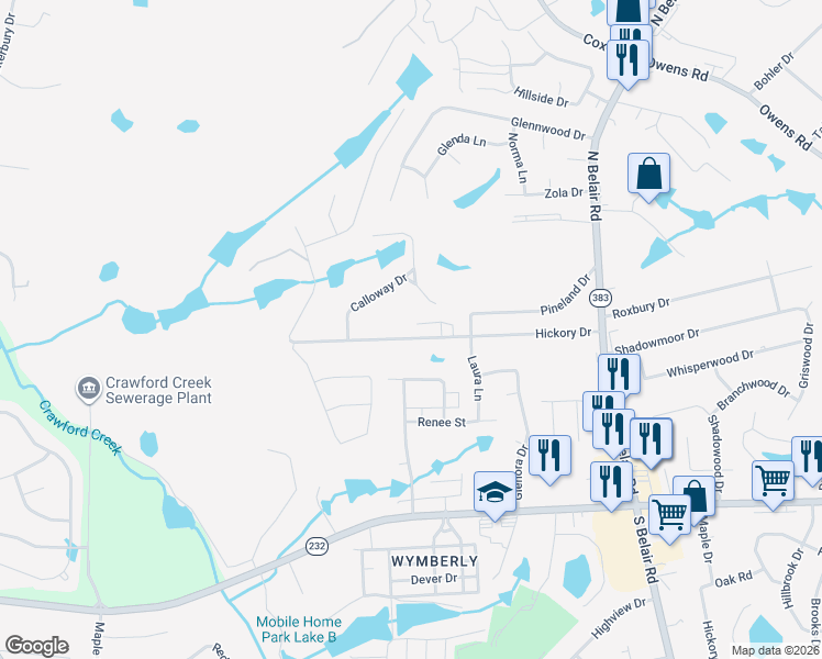 map of restaurants, bars, coffee shops, grocery stores, and more near 4593 Hickory Drive in Evans
