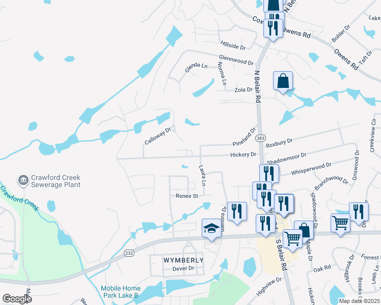 map of restaurants, bars, coffee shops, grocery stores, and more near 4585 Hickory Drive in Evans