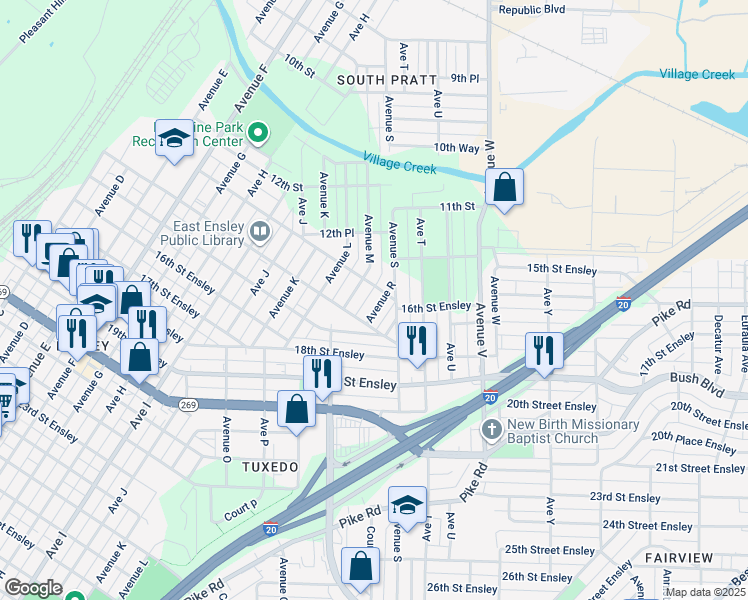 map of restaurants, bars, coffee shops, grocery stores, and more near 1324 Avenue R in Birmingham