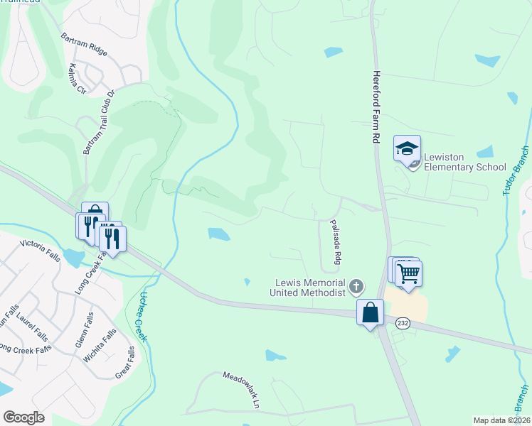map of restaurants, bars, coffee shops, grocery stores, and more near 1732 Stablebridge Way in Evans