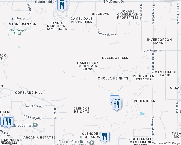 map of restaurants, bars, coffee shops, grocery stores, and more near 5802 East Cholla Lane in Paradise Valley