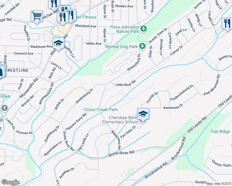 map of restaurants, bars, coffee shops, grocery stores, and more near 13 Cross Creek Drive in Birmingham