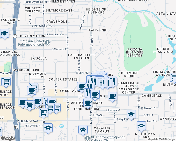 map of restaurants, bars, coffee shops, grocery stores, and more near in Phoenix