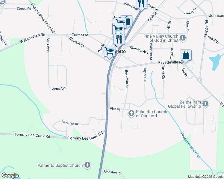 map of restaurants, bars, coffee shops, grocery stores, and more near 199b Cobb Street in Palmetto