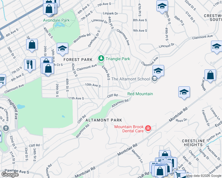map of restaurants, bars, coffee shops, grocery stores, and more near 1007 Essex Road in Birmingham