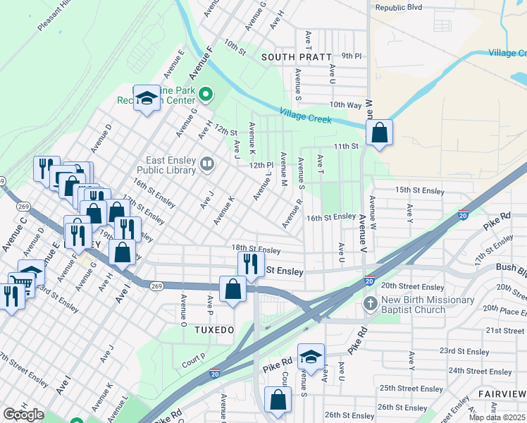 map of restaurants, bars, coffee shops, grocery stores, and more near 1216 14th Street Ensley in Birmingham