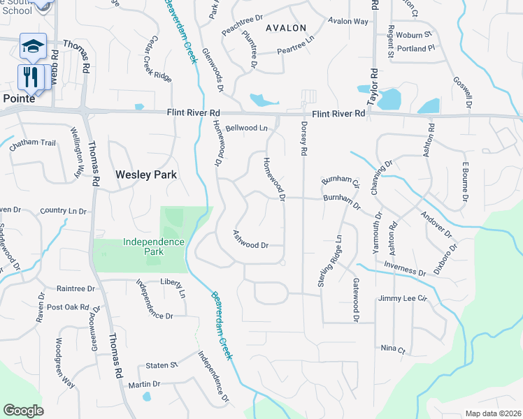 map of restaurants, bars, coffee shops, grocery stores, and more near 8877 Creekwood Court in Riverdale