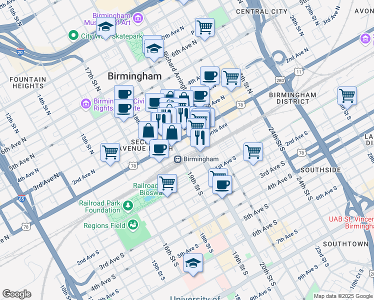 map of restaurants, bars, coffee shops, grocery stores, and more near 2 20th Street North in Birmingham