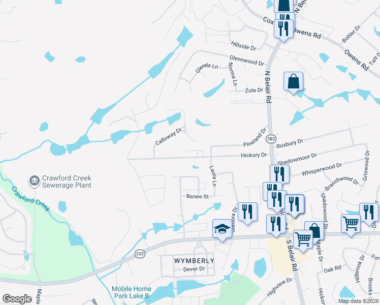 map of restaurants, bars, coffee shops, grocery stores, and more near 4593 Hickory Drive in Evans
