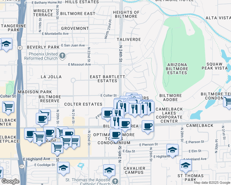map of restaurants, bars, coffee shops, grocery stores, and more near in Phoenix