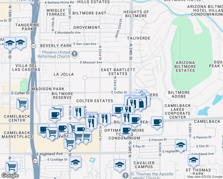 map of restaurants, bars, coffee shops, grocery stores, and more near 2244 East Colter Street in Phoenix
