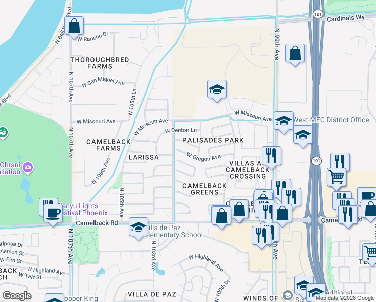 map of restaurants, bars, coffee shops, grocery stores, and more near 10224 West Oregon Avenue in Glendale