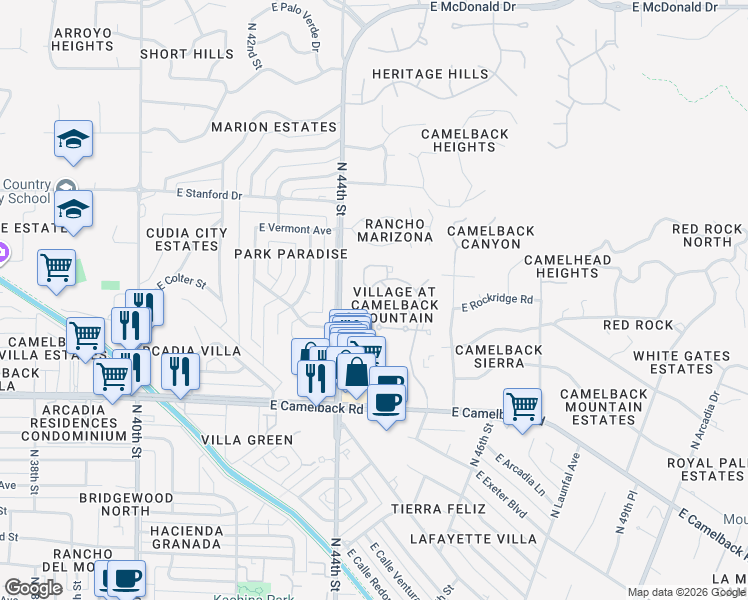 map of restaurants, bars, coffee shops, grocery stores, and more near 4434 East Camelback Road in Phoenix