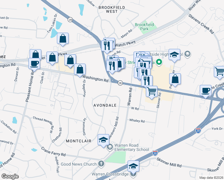 map of restaurants, bars, coffee shops, grocery stores, and more near 108 Kings Chapel Rd in Augusta