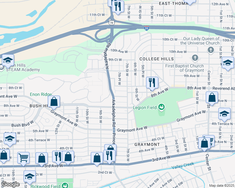 map of restaurants, bars, coffee shops, grocery stores, and more near 732 8th Court West in Birmingham