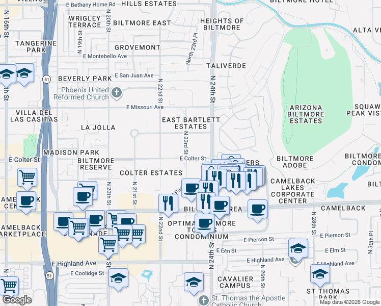 map of restaurants, bars, coffee shops, grocery stores, and more near 2302 East Colter Street in Phoenix