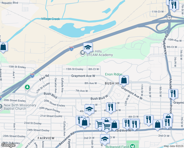 map of restaurants, bars, coffee shops, grocery stores, and more near in Birmingham