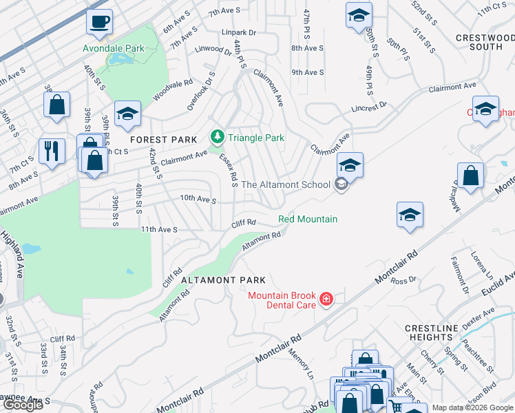 map of restaurants, bars, coffee shops, grocery stores, and more near 4344 Cliff Road in Birmingham