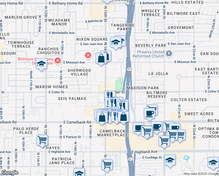 map of restaurants, bars, coffee shops, grocery stores, and more near 5235 North 16th Street in Phoenix