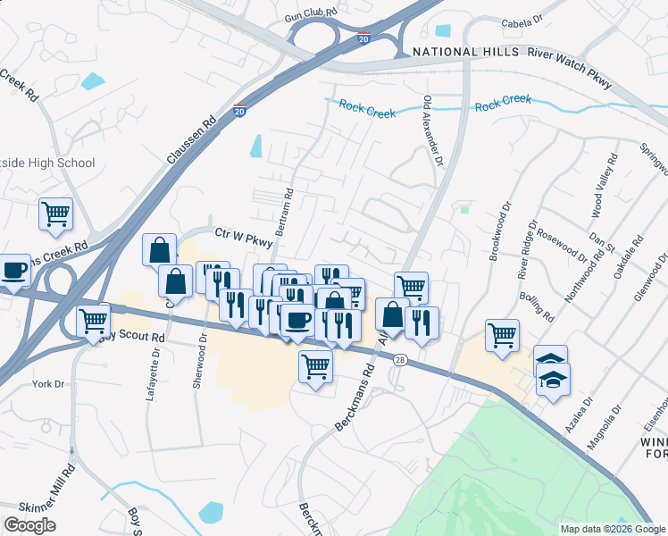 map of restaurants, bars, coffee shops, grocery stores, and more near 2034 Glennfield Lane in Augusta