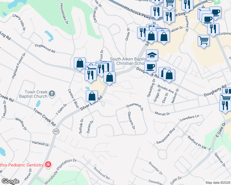 map of restaurants, bars, coffee shops, grocery stores, and more near 128 King Edward Way in Aiken