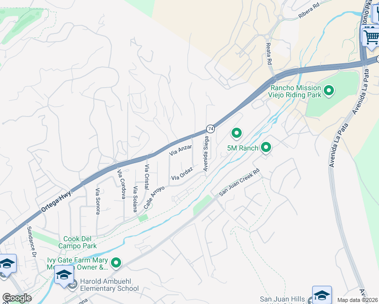 map of restaurants, bars, coffee shops, grocery stores, and more near 30951 Via Errecarte in San Juan Capistrano