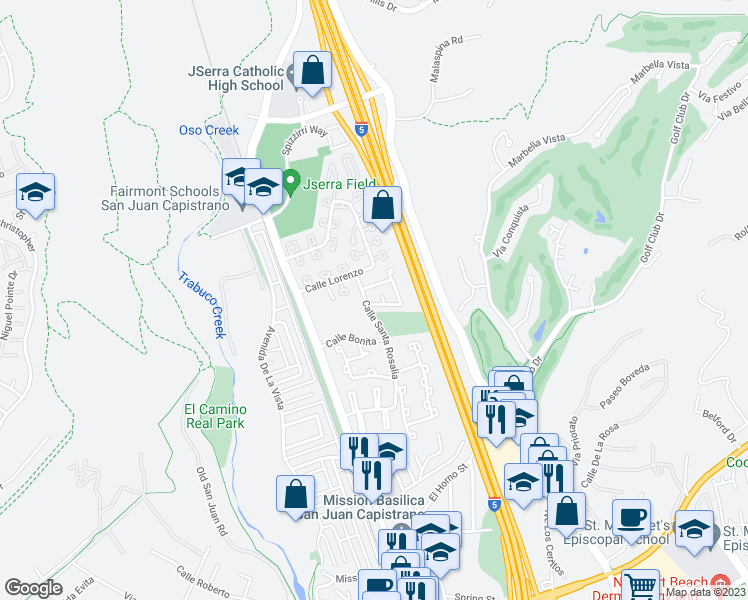map of restaurants, bars, coffee shops, grocery stores, and more near 26671 Calle La Bomba in San Juan Capistrano