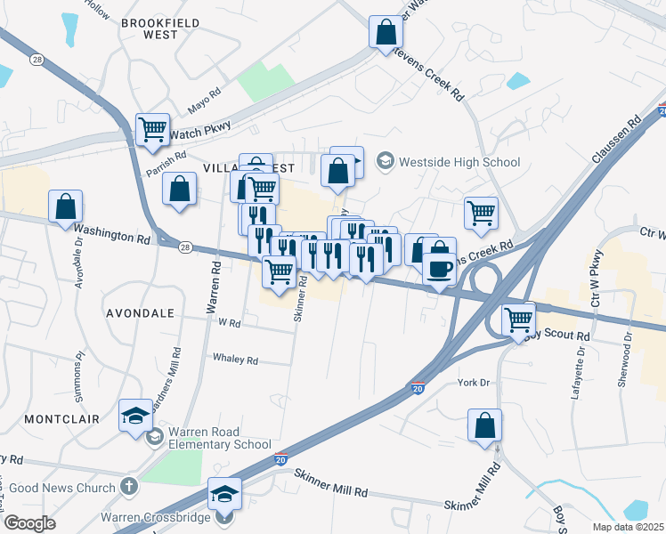 map of restaurants, bars, coffee shops, grocery stores, and more near 1005 Patriots Way in Augusta