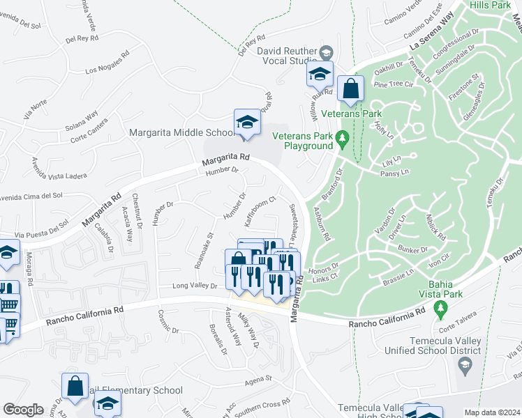 map of restaurants, bars, coffee shops, grocery stores, and more near 42005 Teatree Court in Temecula