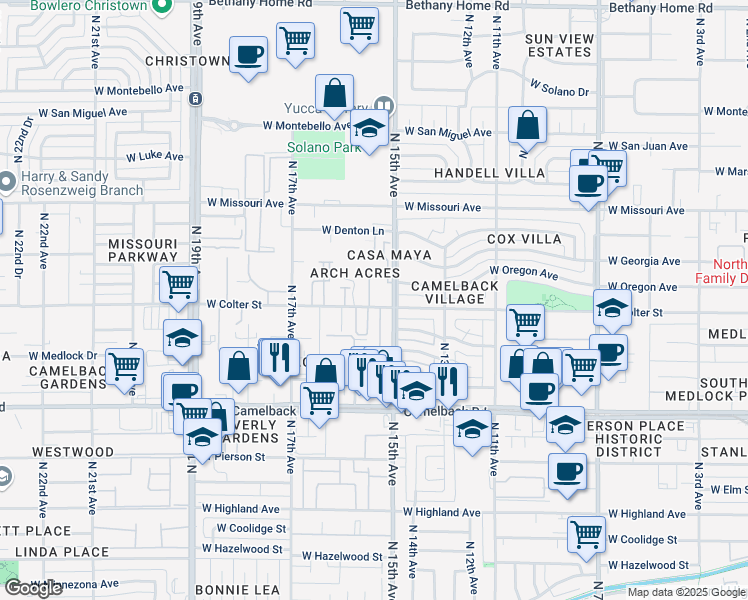 map of restaurants, bars, coffee shops, grocery stores, and more near 1518 West Colter Street in Phoenix
