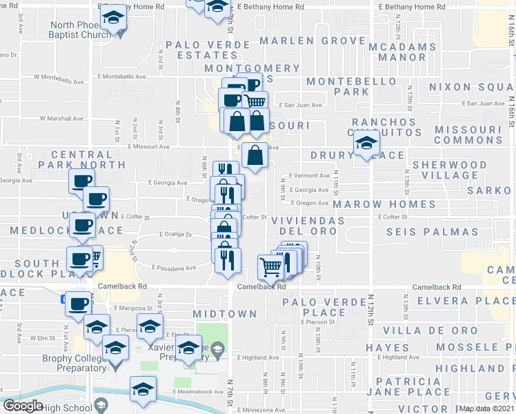map of restaurants, bars, coffee shops, grocery stores, and more near 810 East Colter Street in Phoenix