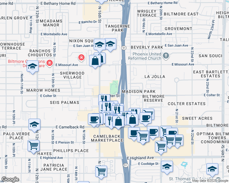 map of restaurants, bars, coffee shops, grocery stores, and more near 1701 East Oregon Avenue in Phoenix