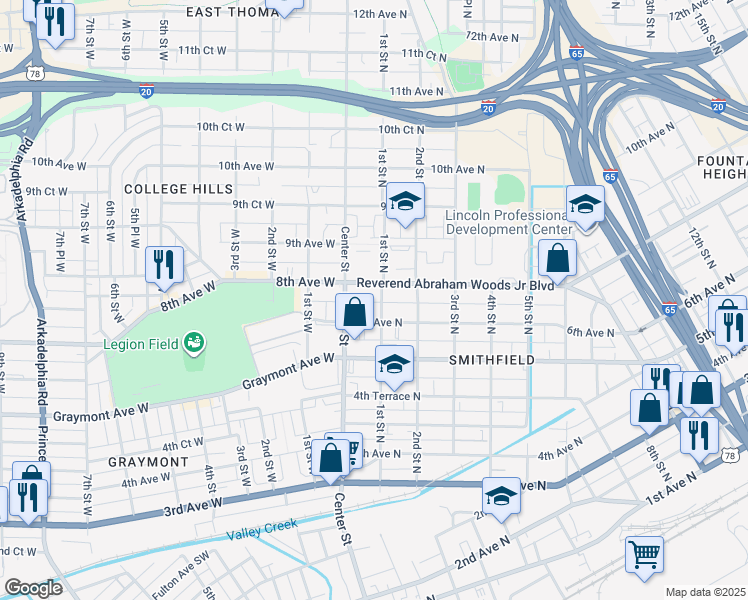 map of restaurants, bars, coffee shops, grocery stores, and more near 604 1st Street West in Birmingham