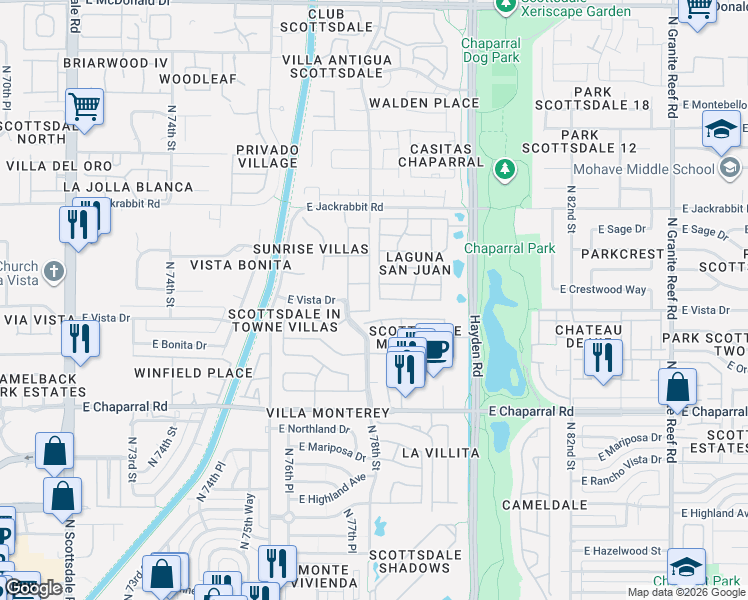 map of restaurants, bars, coffee shops, grocery stores, and more near 7814 East Vista Drive in Scottsdale