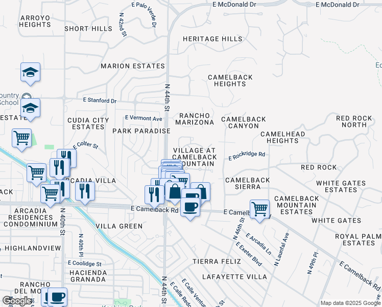 map of restaurants, bars, coffee shops, grocery stores, and more near 4442 East Camelback Road in Phoenix