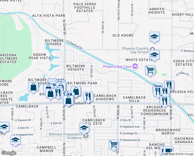 map of restaurants, bars, coffee shops, grocery stores, and more near 5124 North 34th Place in Phoenix