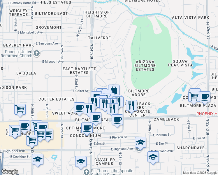 map of restaurants, bars, coffee shops, grocery stores, and more near 5215 North 24th Street in Phoenix