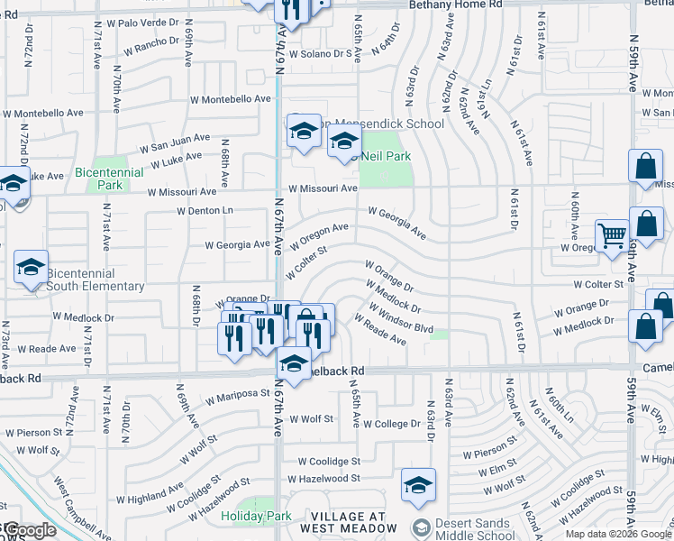 map of restaurants, bars, coffee shops, grocery stores, and more near 6531 West Medlock Drive in Glendale