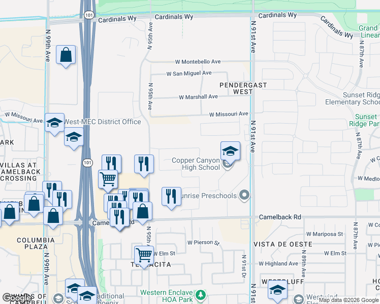map of restaurants, bars, coffee shops, grocery stores, and more near 9310 West Oregon Avenue in Glendale