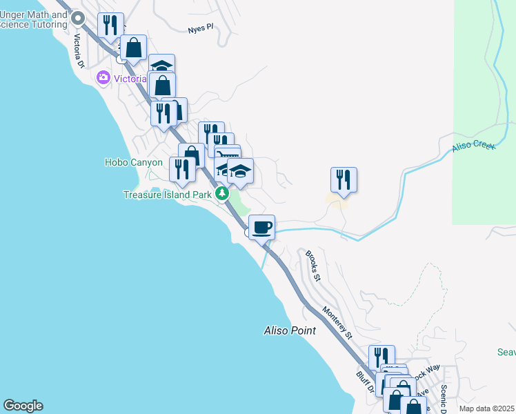 map of restaurants, bars, coffee shops, grocery stores, and more near 21544 Wesley Drive in Laguna Beach
