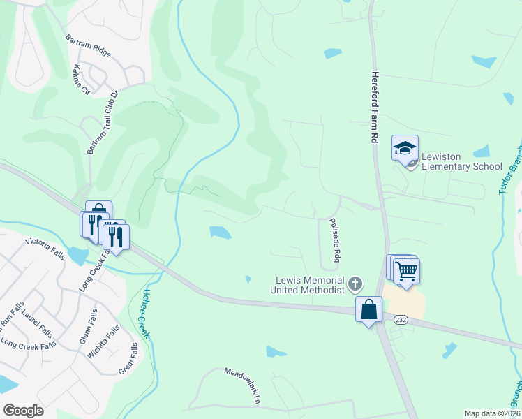 map of restaurants, bars, coffee shops, grocery stores, and more near 1732 Stablebridge Way in Evans