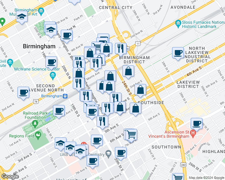 map of restaurants, bars, coffee shops, grocery stores, and more near 2201 1st Avenue North in Birmingham