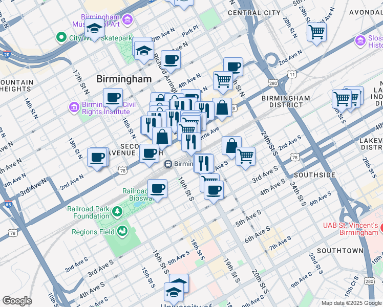 map of restaurants, bars, coffee shops, grocery stores, and more near in Birmingham