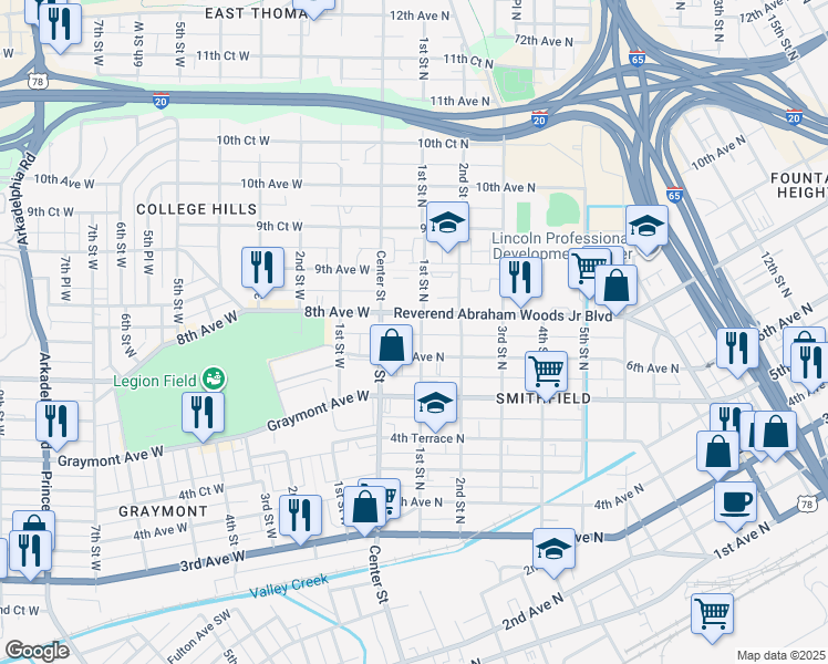 map of restaurants, bars, coffee shops, grocery stores, and more near 604 1st Street West in Birmingham
