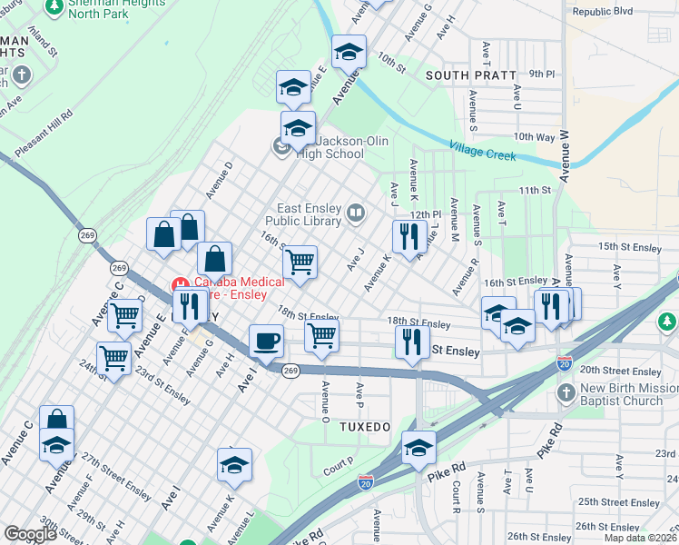 map of restaurants, bars, coffee shops, grocery stores, and more near 1515 Avenue J in Birmingham
